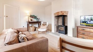Ein gemütliches Wohnzimmer mit Kamin, einer Couch, einem Holzschrank und einem Fernseher.
