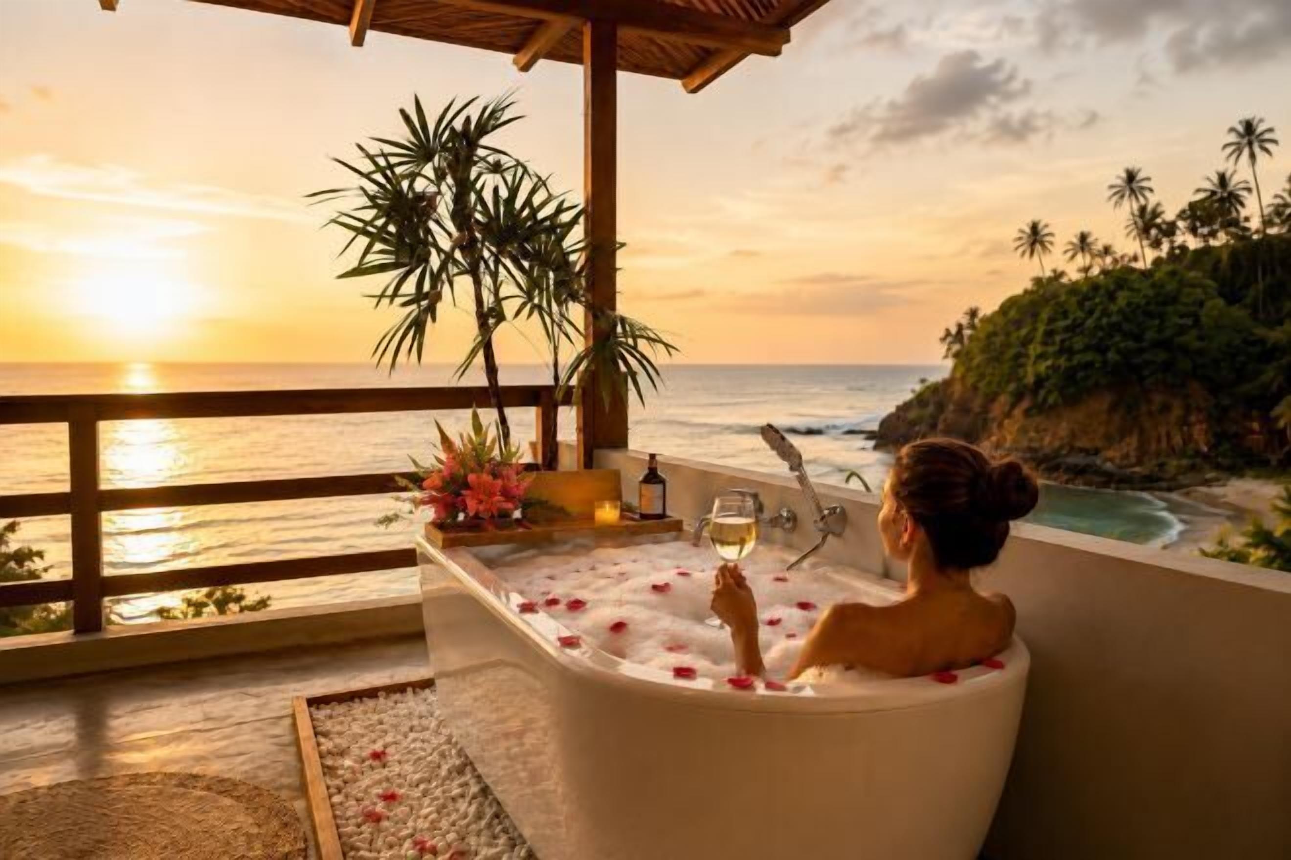 Una bañera con pétalos de rosa, una copa de vino y vista al océano al atardecer.