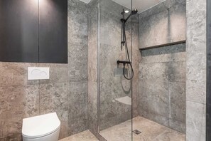 Shower, hair dryer, towels, shampoo
