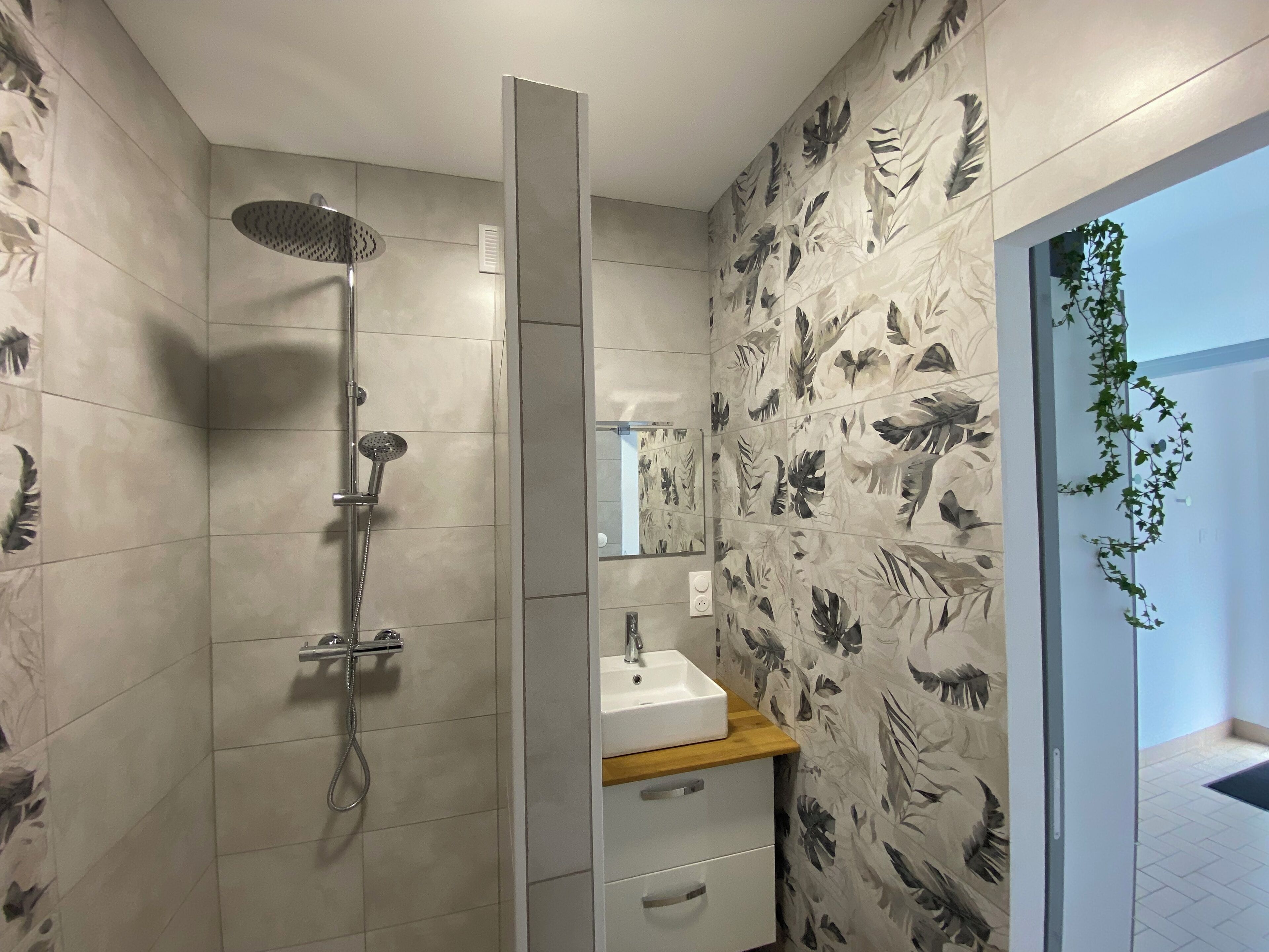 Douche, sèche-cheveux, serviettes fournies, savon