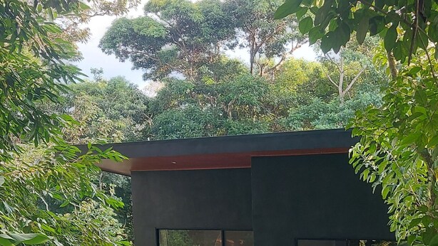 A modern building with large windows, surrounded by lush greenery and trees. - "bosquelago" Houserental (Tronadora)