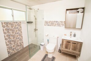 Regadera, toallas, jabón, papel de baño 