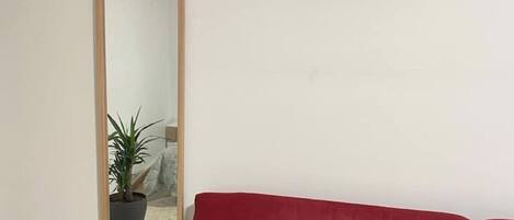 A room with a red sofa, a potted plant, and a wall-mounted TV.
