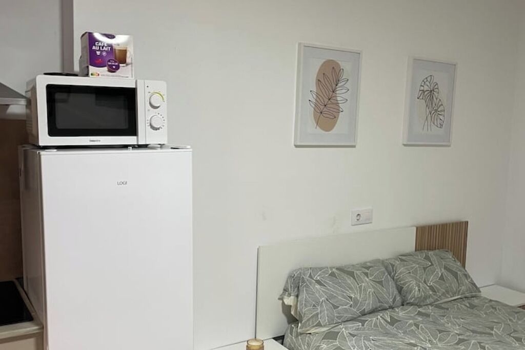 Un dormitorio con cama, un armario blanco y un microondas encima. Hay dos cuadros con hojas en la pared.