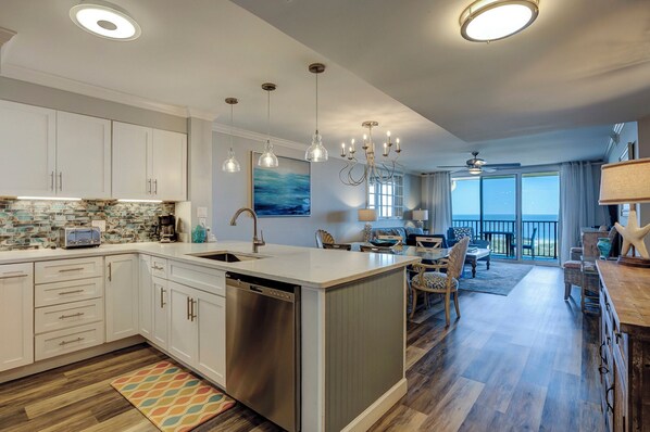 Fridge, microwave, dishwasher, coffee/tea maker