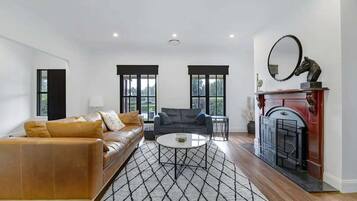 Tv, eldstad och en stereo