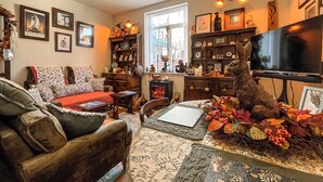 Ein gemütliches Wohnzimmer mit Kamin, Fernseher und einer Bücherwand voller verschiedener Dinge.