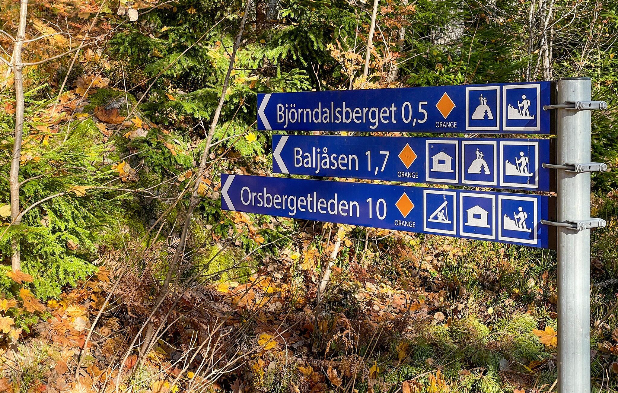 Un panneau indicateur indiquant les distances vers Björndalsberget, Baljåsen et Orsbergetleden.