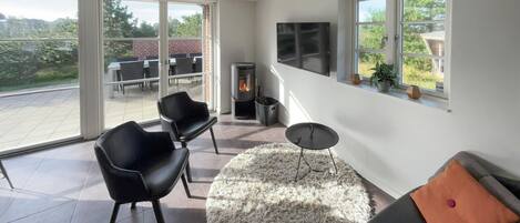 Una televisión, una chimenea