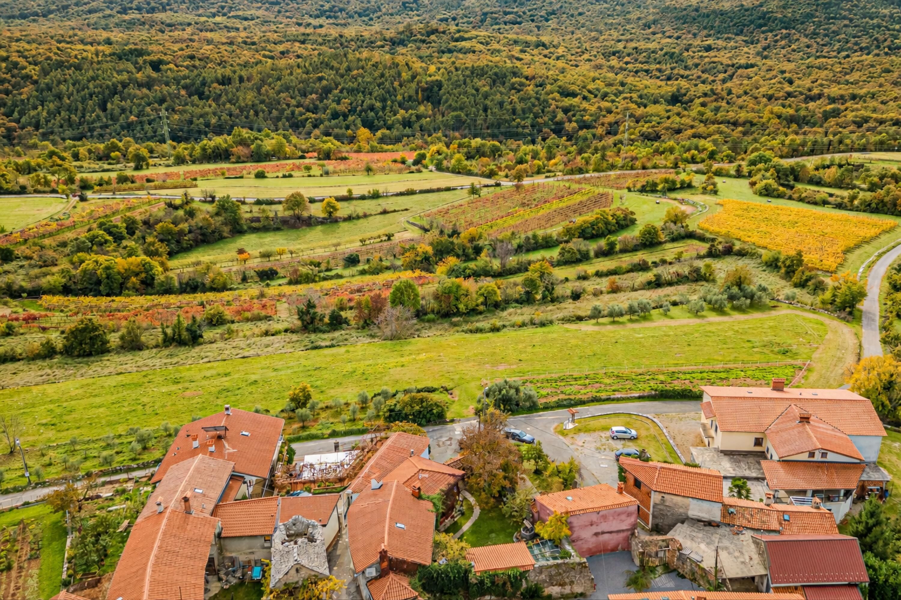 Ein Wohngebiet mit Reihenhäusern, einer kurvenreichen Straße und einer hügeligen Landschaft mit Feldern.