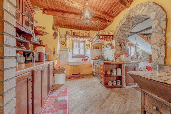 Family House, Multiple Bedrooms (Holiday Home Rozina) | Private kitchen | Fridge, microwave, oven, stovetop - Holiday Home Rozina (Sezana)