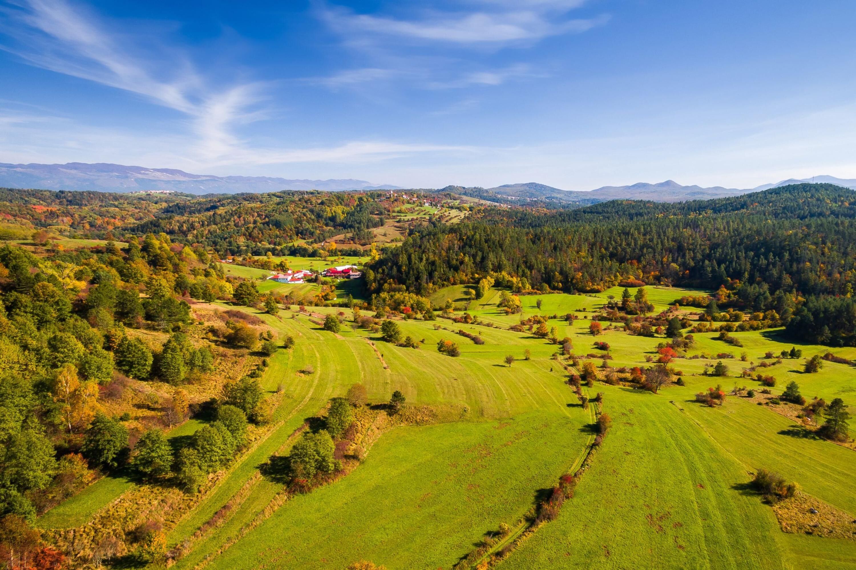 A panoramic view of a rural landscape with rolling green fields, scattered trees, and distant mountains under a clear blue sky.