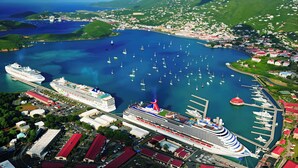 Un navire de croisière était amarré dans un port où se trouvaient plusieurs bateaux, une marina et une ville côtière avec des bâtiments et de la végétation.
