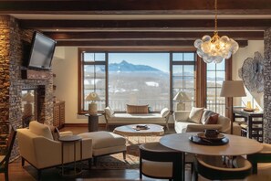 TV, fireplace - Mountain Modern See Forever Condo by InvitedHome | Walk to Hike/Festivals, Views (Mountain Village)