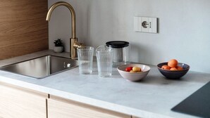 Une cuisine avec un évier en acier inoxydable, un robinet doré, une petite plante en pot, un bocal en verre et un saladier rempli de fruits.