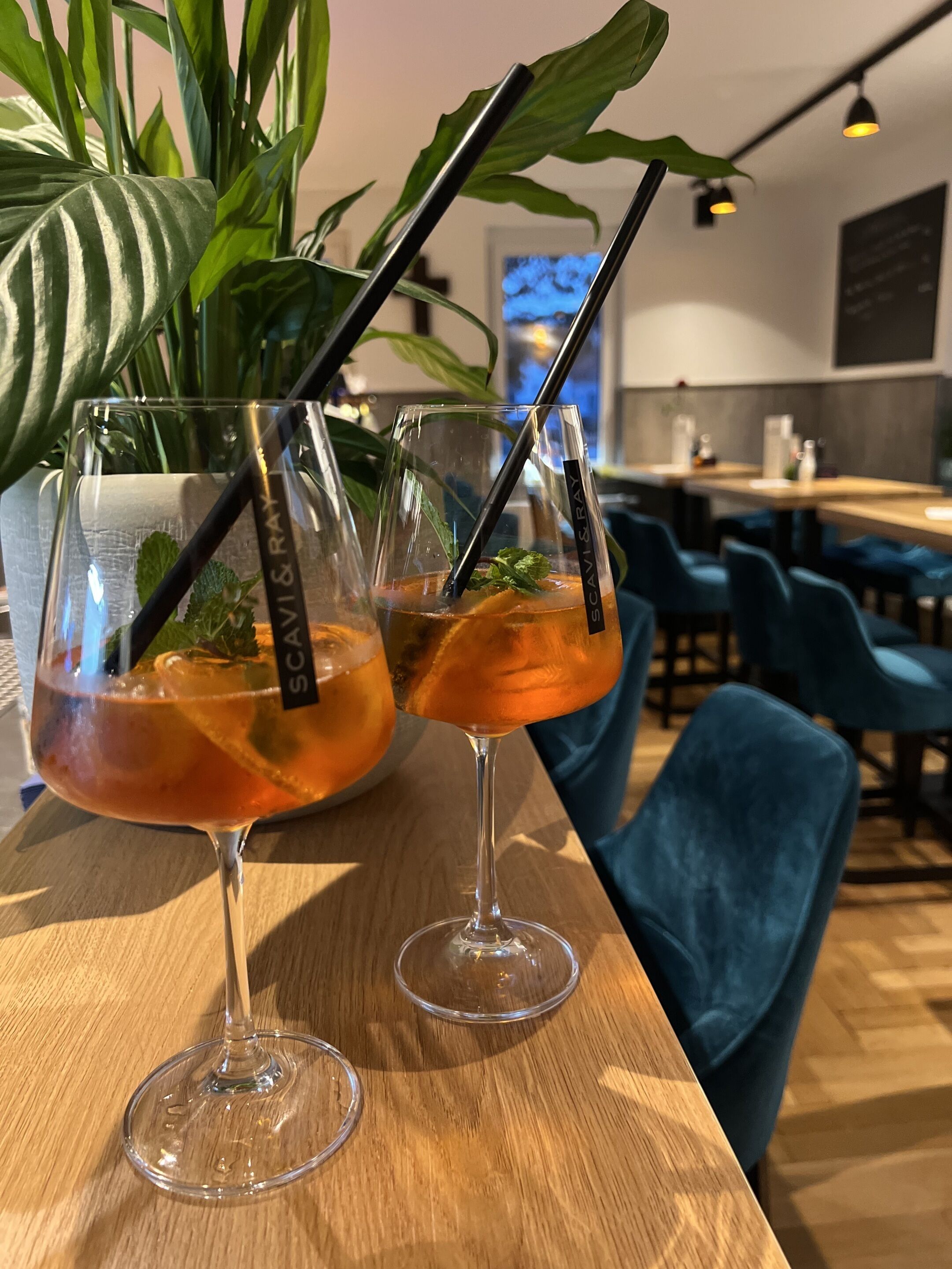 Two glasses of amber-colored drink with black straws and mint leaves, placed on a wooden table in a restaurant with blue chairs and a large green plant in the background.