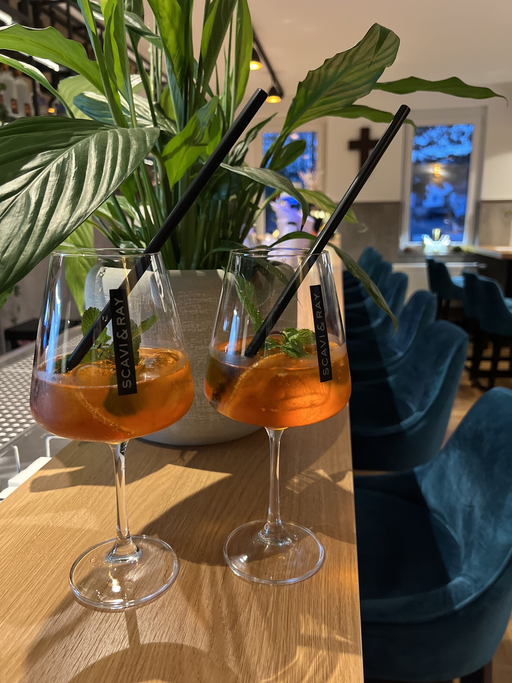 Two cocktails with straws and a plant in the background.