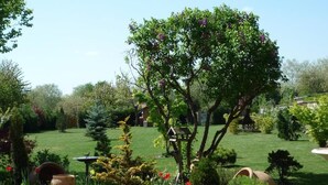 A well-maintained garden with a variety of plants and a large tree in the center. - Le Verger du Sausset (Beaune)