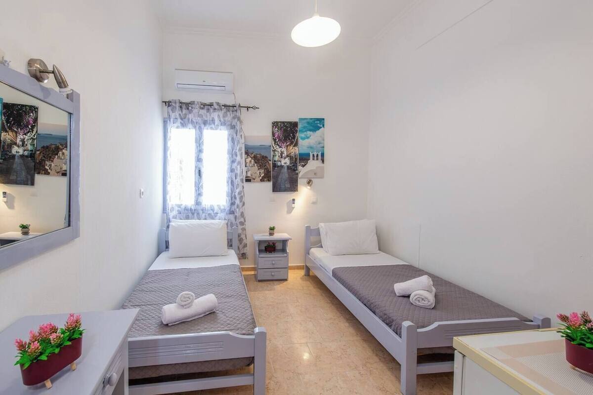 A small, clean room with two single beds, a bedside table with a plant, a mirror, and a window with curtains.