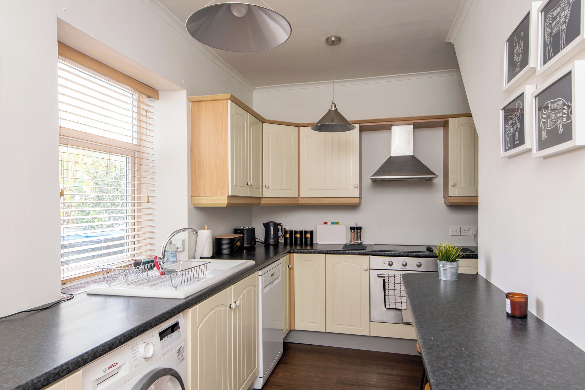 A modern kitchen with a Bosch washing machine, a sink, a stove, and a hanging light fixture.