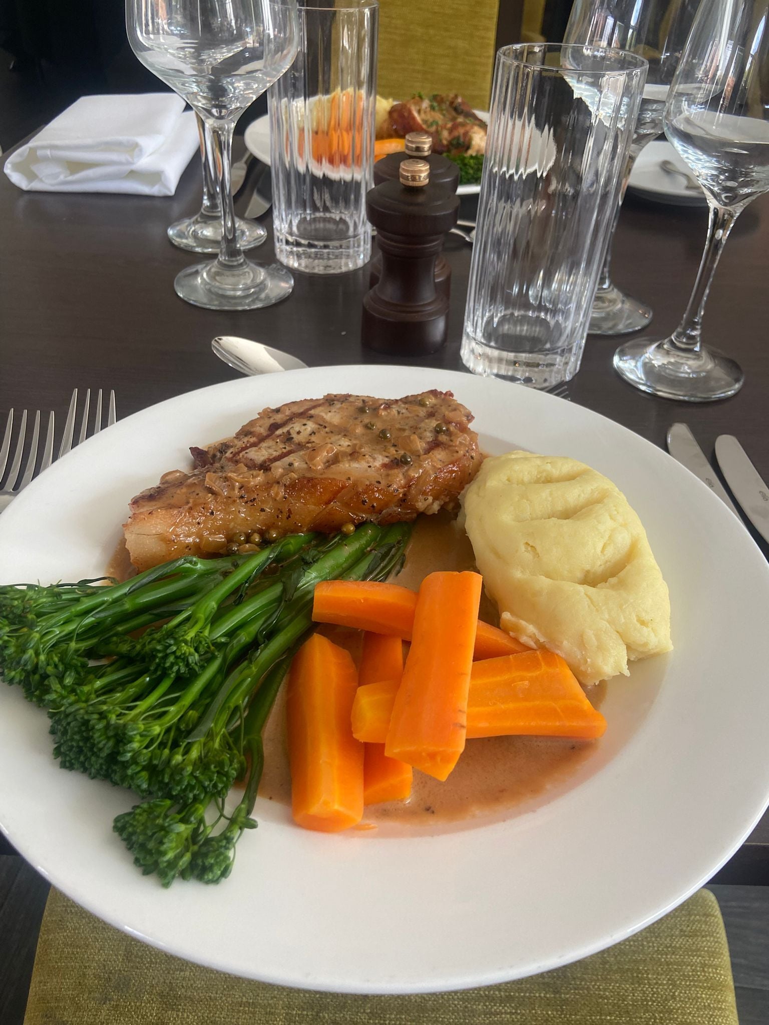 Un plato de comida con carne, puré de papas y verduras.
