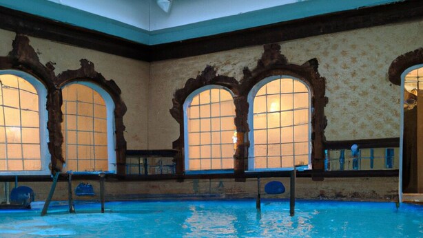 An indoor swimming pool with arched windows and a tiled floor. - Brandon Hall Hotel and Spa (Coventry)