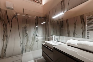 Douche, sèche-cheveux, serviettes fournies, papier toilette