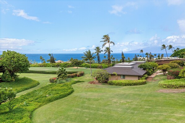 Un terrain de golf avec une maison au premier plan, entouré d’une végétation luxuriante et de palmiers, avec une vue sur l’océan et une montagne en arrière-plan.