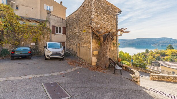 Un edificio de piedra con un árbol que crece en su fachada, coches aparcados y vistas a un lago.