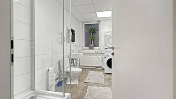 Haartrockner, Bidet, Handtücher, Toilettenpapier