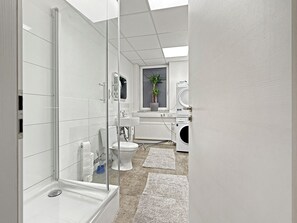 Haartrockner, Bidet, Handtücher, Toilettenpapier