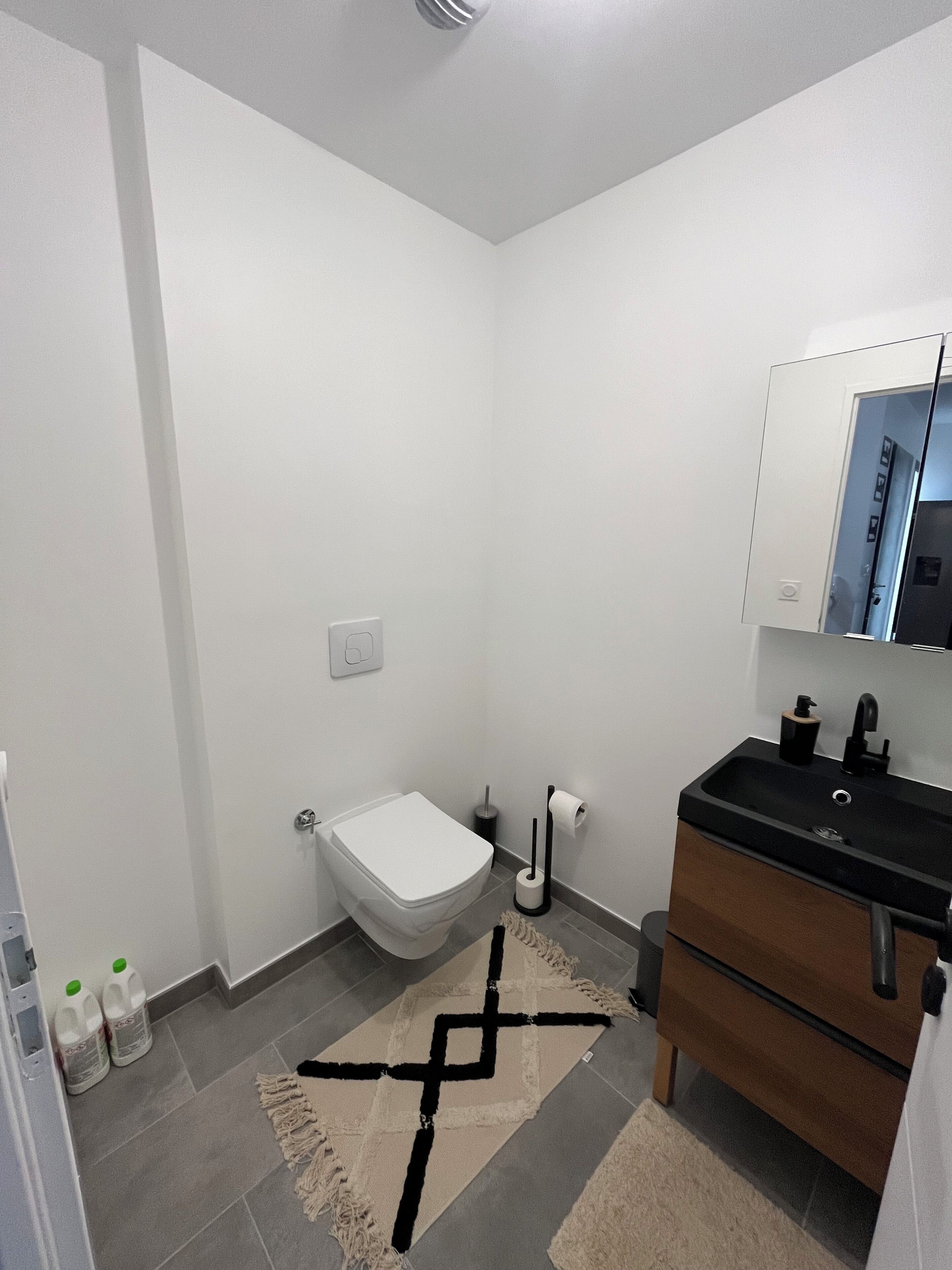 A modern bathroom with a toilet, sink, and mirror. There is a rug on the floor and a small trash bin.
