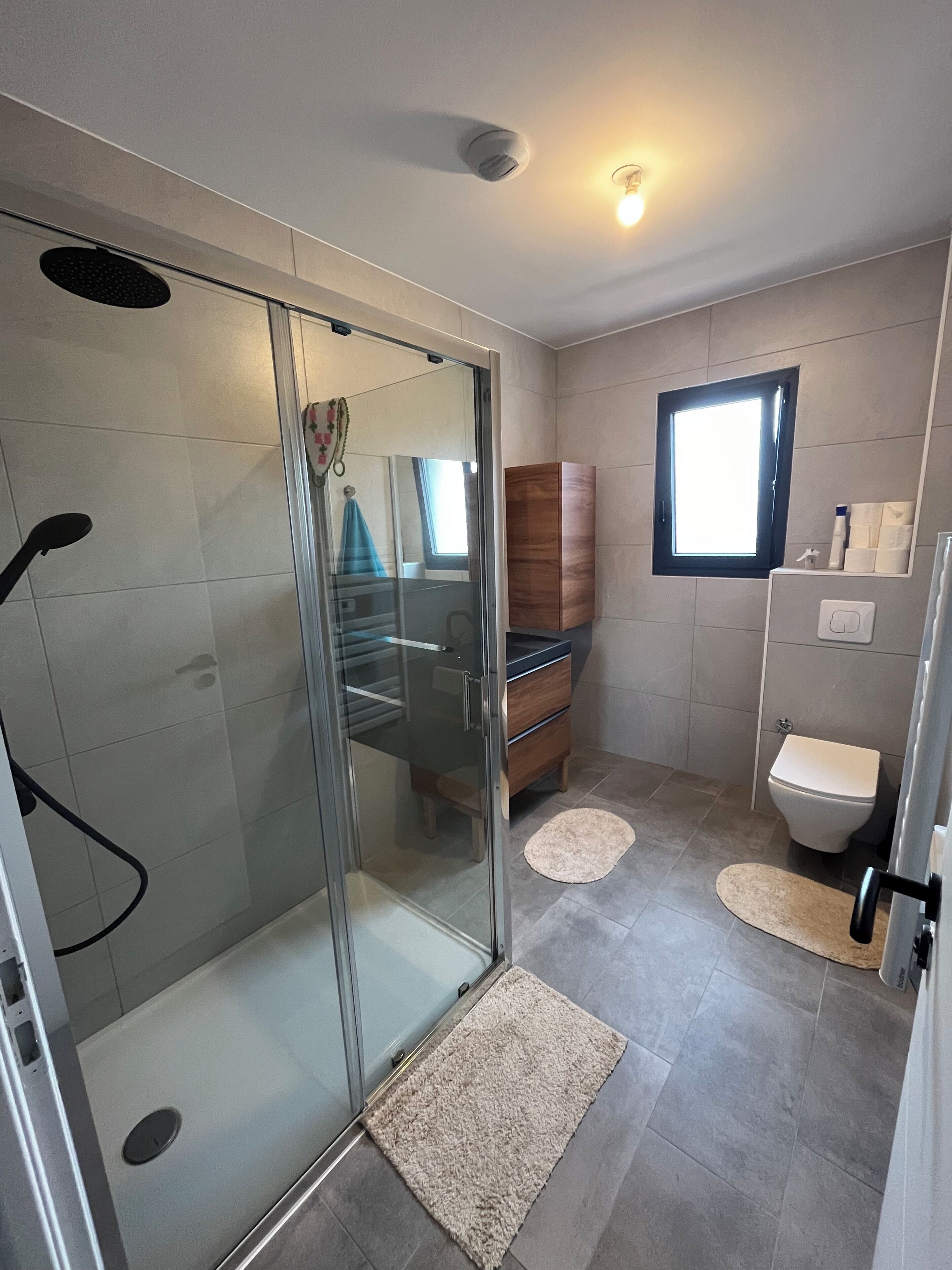Une salle de bain moderne avec une douche à parois de verre, un meuble en bois, des toilettes et une fenêtre.