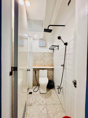 Een kleine badkamer met toilet, douche en wastafeltje.