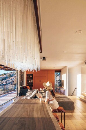 TV, fireplace, offices - Stargate • Mountain Views, Pool, Spa & Serenity (Yucca Valley)