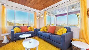 TV, fireplace, books, offices