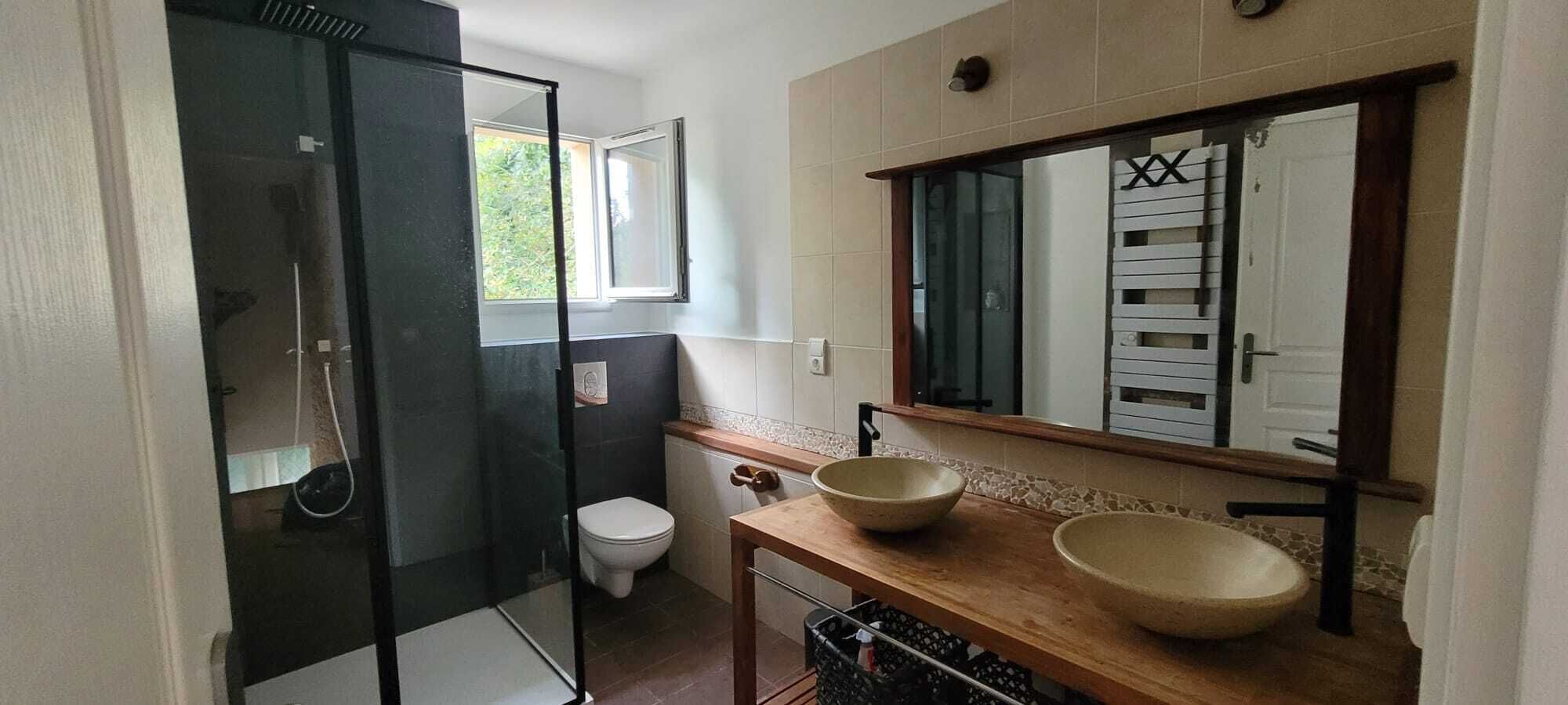 Shower, jetted tub, soap, toilet paper
