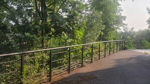 A paved pathway with a metal railing, surrounded by dense greenery. - Maison nichée au cœur de la nature, dans le parc naturel régional du gâtinais. (Nanteau-sur-Essonne)