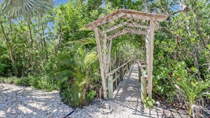 En overdækket pergola af træ i en frodig have.