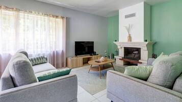 Een televisie en een open haard