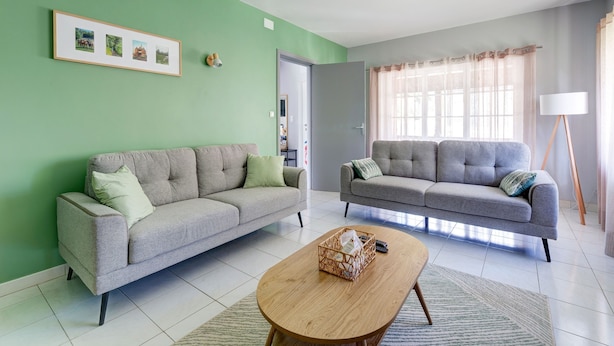 Ein Wohnzimmer mit zwei grauen Sofas, einem Holztisch und einem gerahmten Bild an der Wand.
