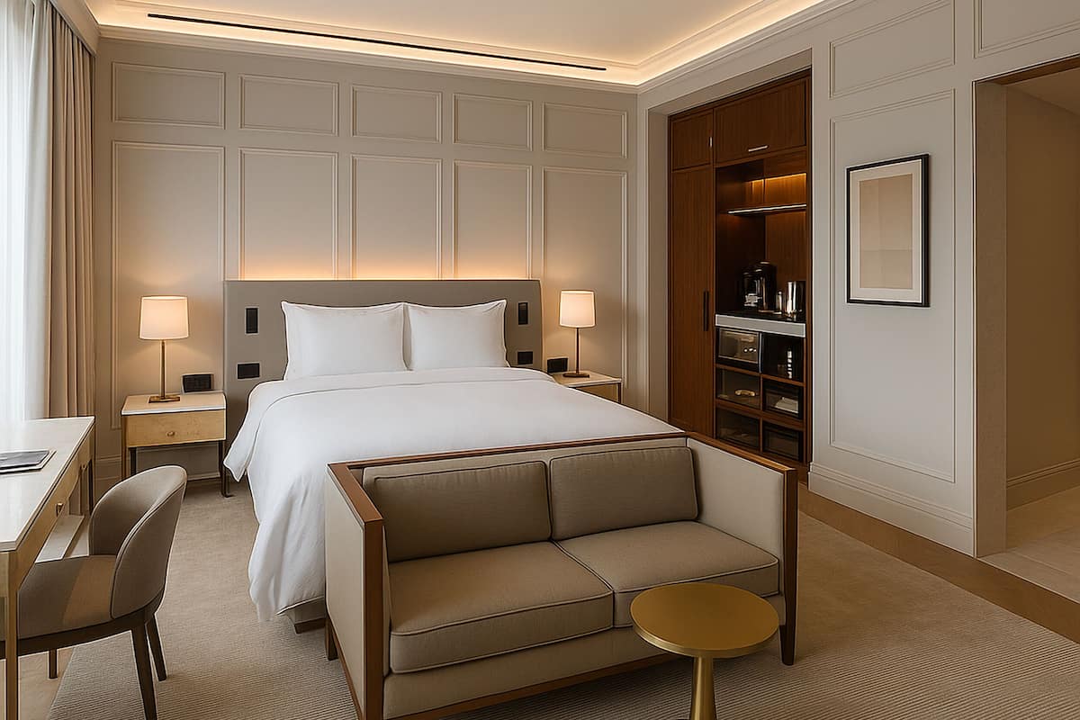 Una habitación de hotel con cama, mesitas de noche, escritorio, sofá y una pequeña mesa redonda.