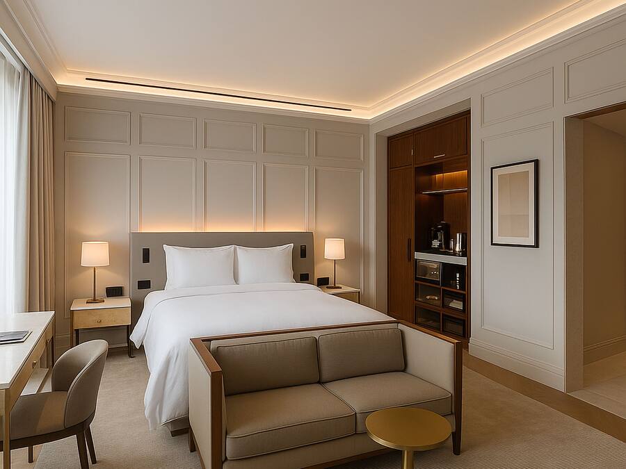 A hotel room with a bed, bedside tables, a desk, a sofa, and a small round table.