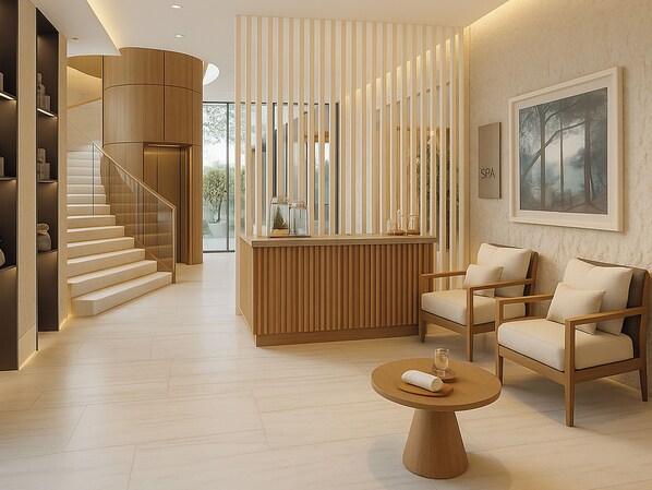 A modern lobby with a wooden reception desk, seating area, and a staircase. - The Hawthorn By Galway Bay (Oranmore)