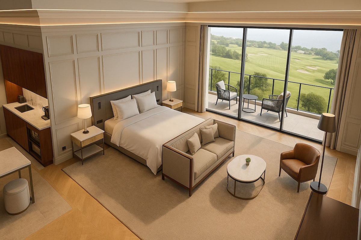 Habitación de hotel con una cama grande, un sofá, una mesita y un balcón con vista a un campo de golf.
