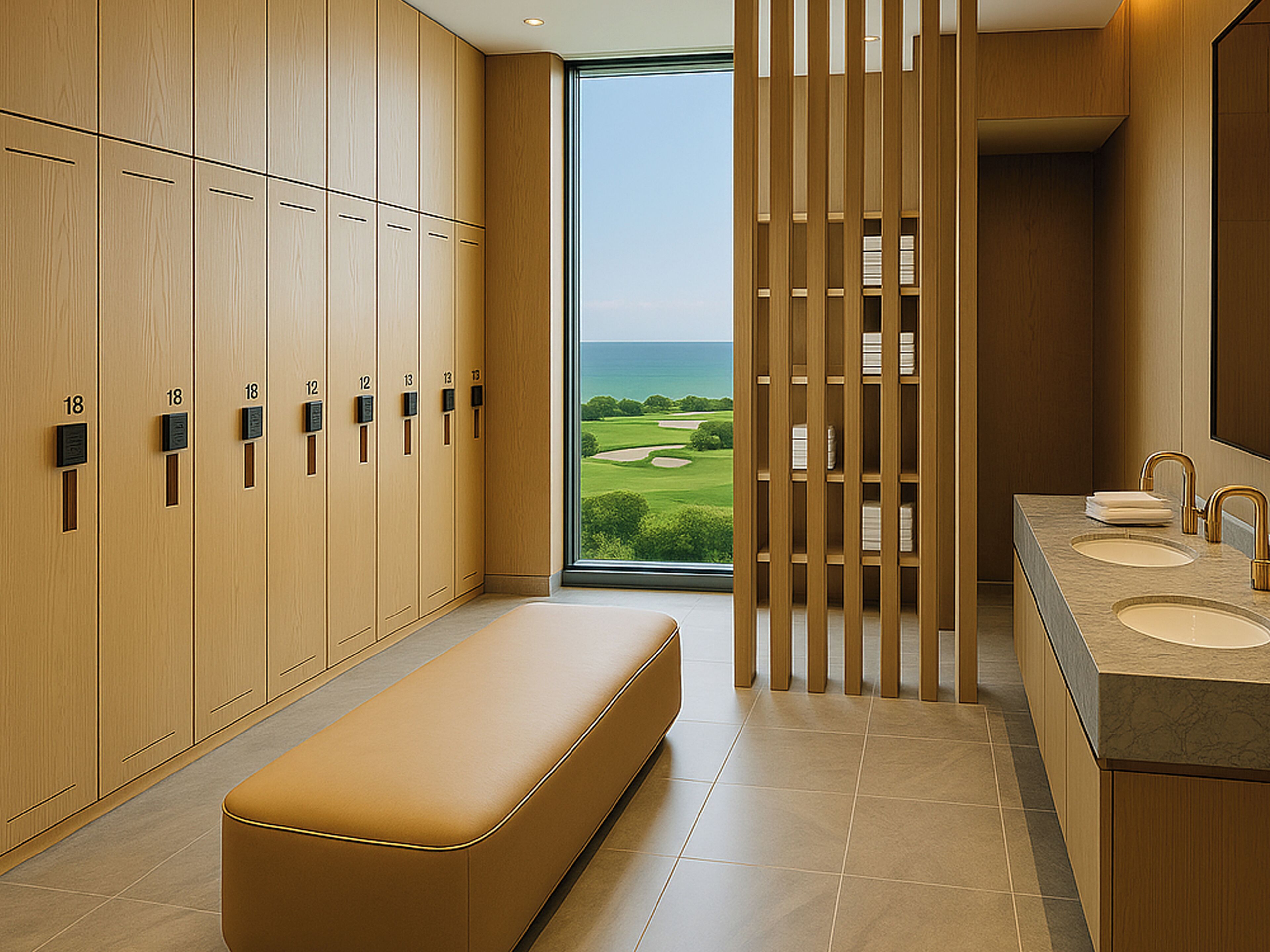 Un baño moderno con taquillas de madera, un banco y vistas a un campo de golf.