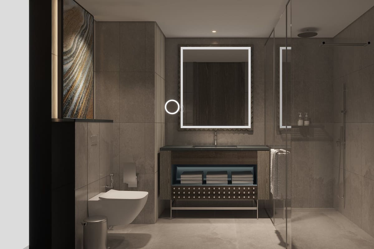 Hair dryer, bathrobes, slippers, towels