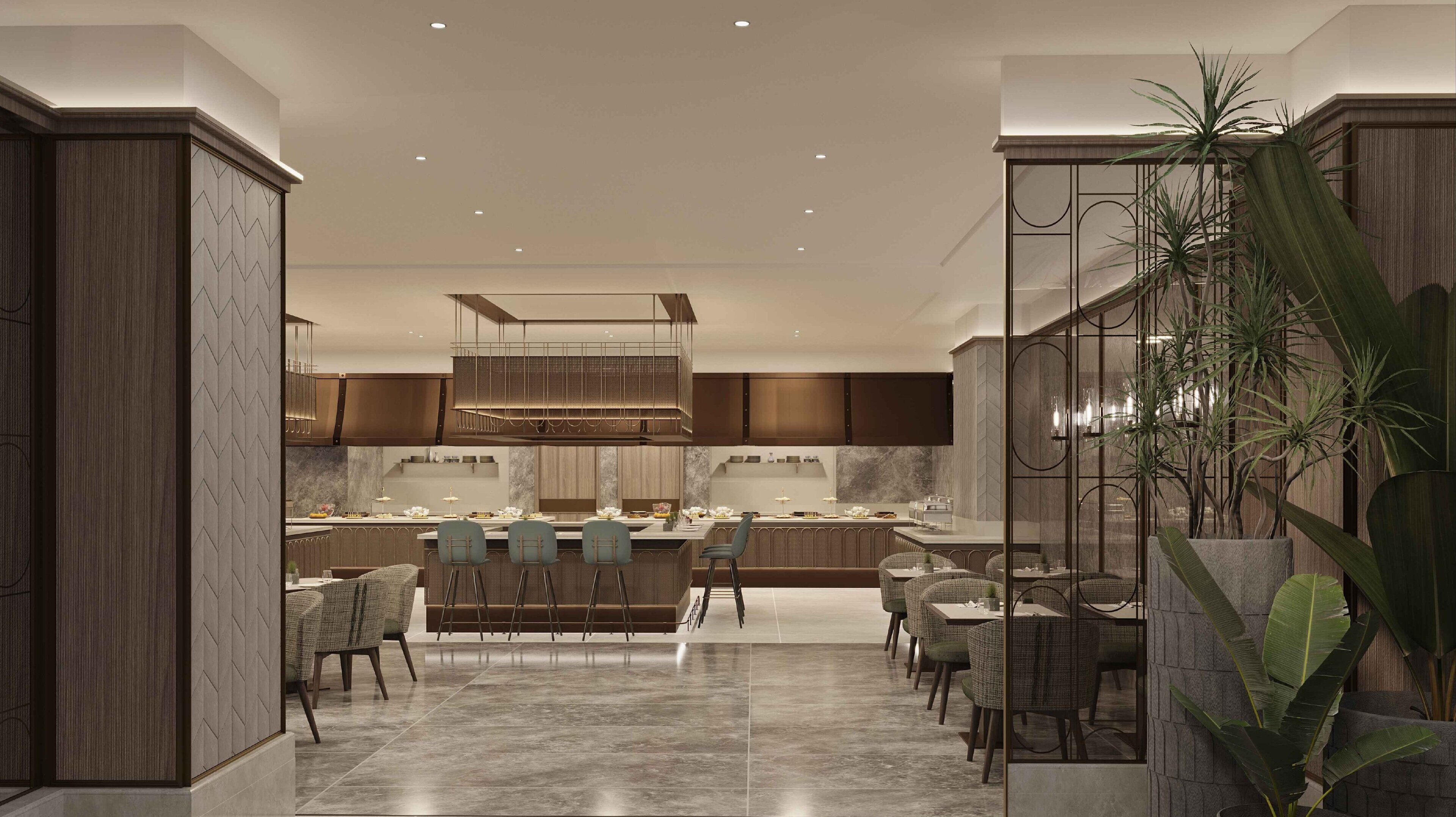 A modern kitchen with a central island, bar seating, and a dining area with chairs and tables.