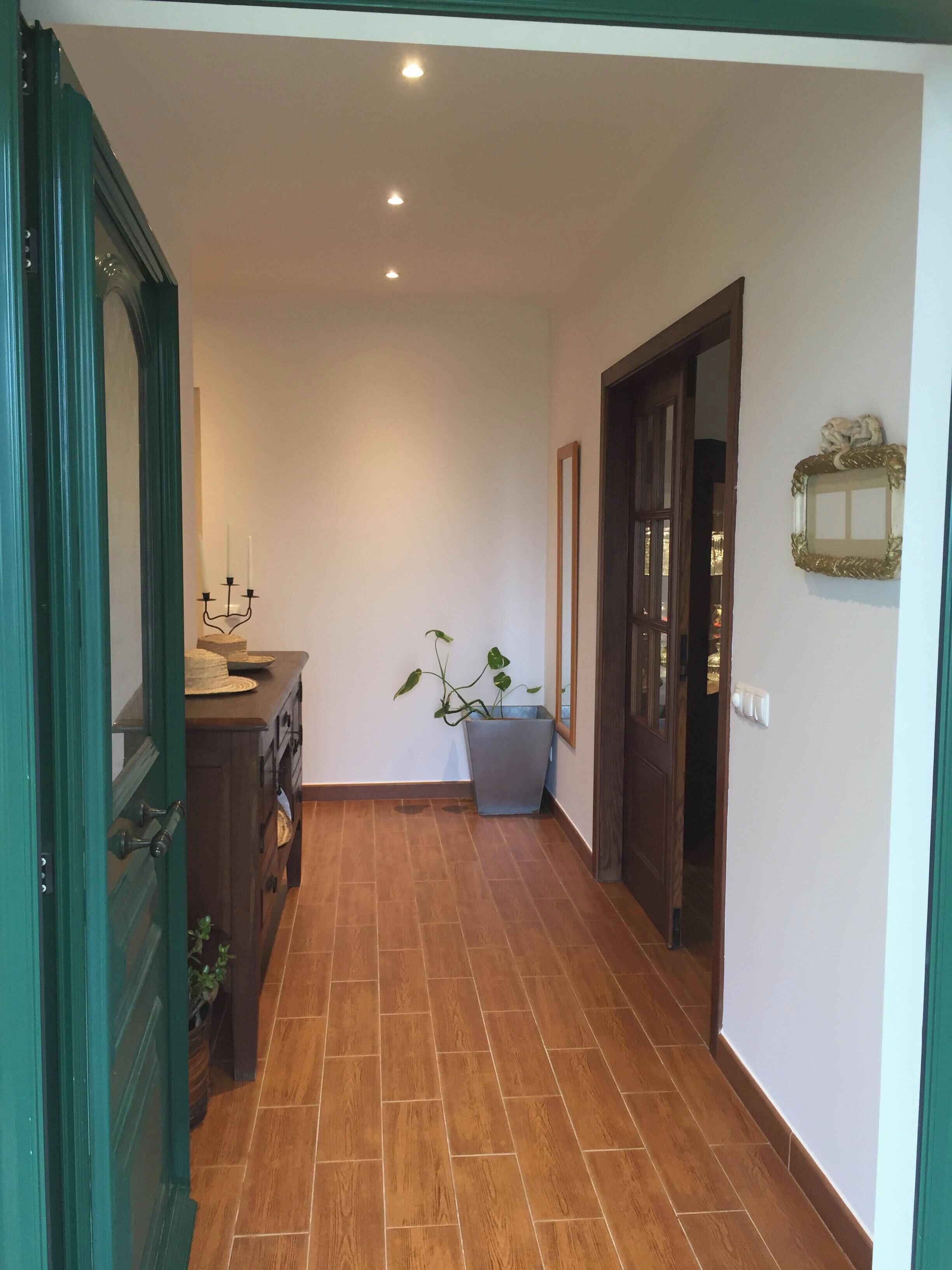 A hallway with a wooden floor, a potted plant, a wall-mounted light fixture, and a door with a mirror.