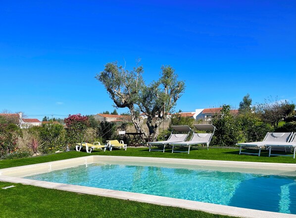 حمّام سباحة خارجي موسمي، مظلات على حمّام السباحة، مقاعد للتشمس